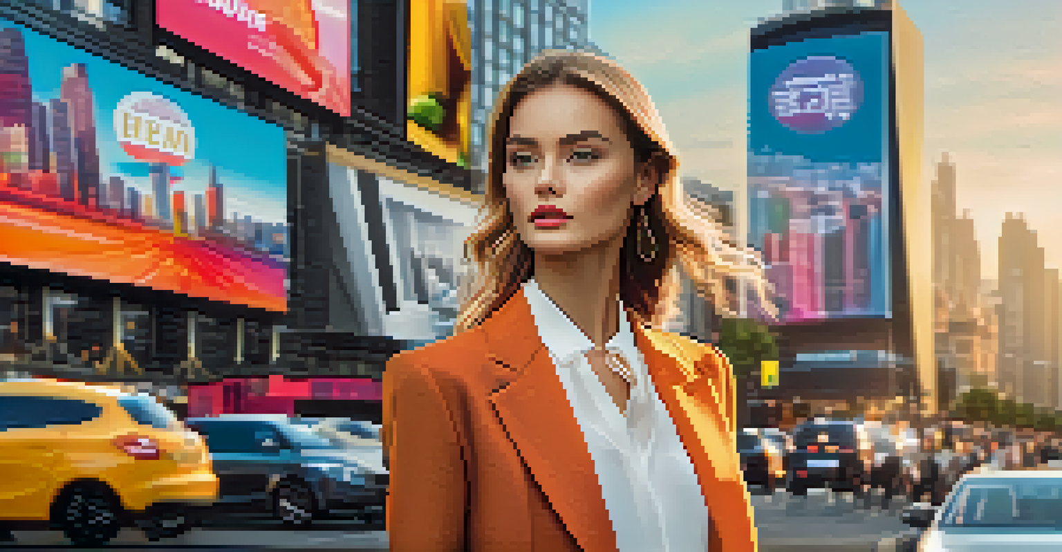 A model in a stylish outfit posing in front of vibrant digital billboards in a city at sunset.
