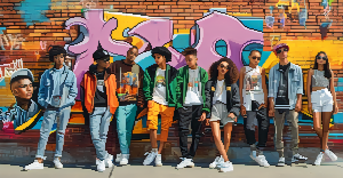 A lively urban street scene with young people in fashionable streetwear, surrounded by colorful graffiti and murals.