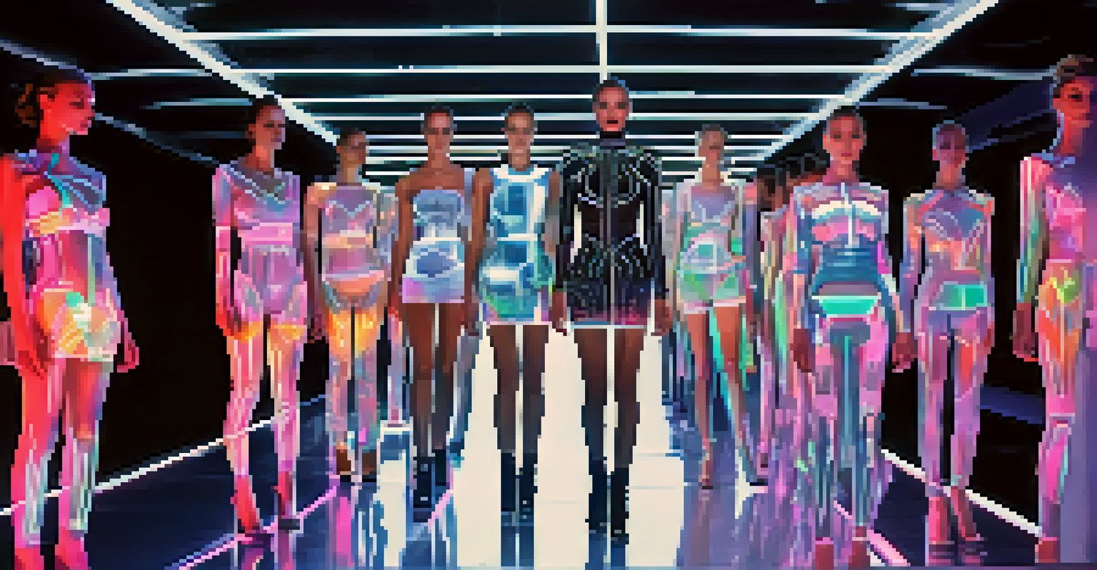 A futuristic fashion show with models in digital clothing and a high-tech runway illuminated by neon lights.