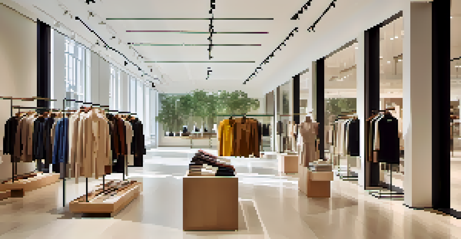 Interior view of a modern clothing store resembling an art gallery, with clothing displays and natural light.