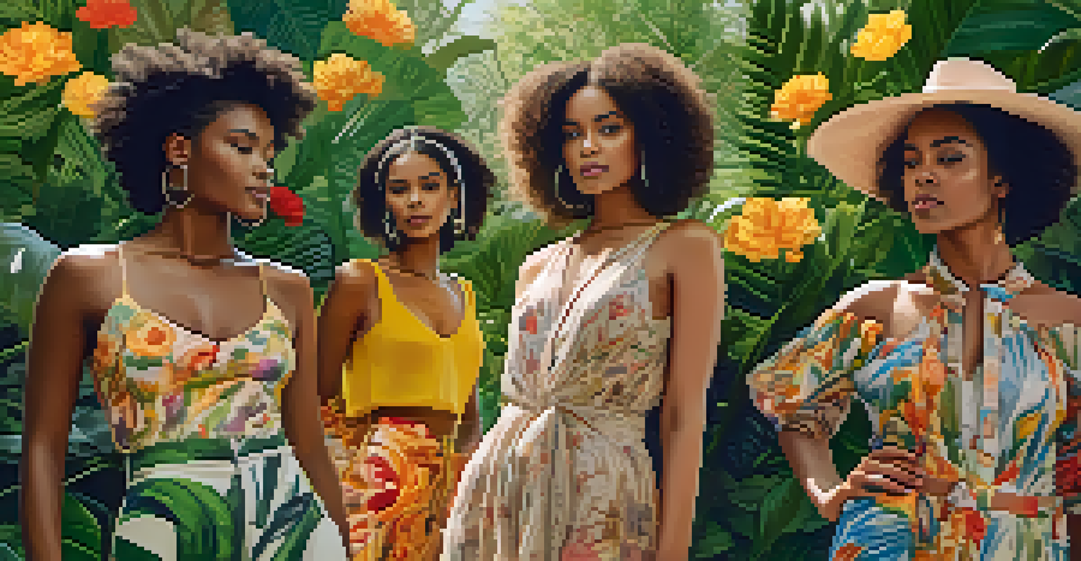A diverse group of models in sustainable outfits poses outdoors amongst greenery and colorful flowers, illuminated by natural sunlight.