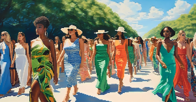 A lively outdoor fashion show with diverse models walking on a runway surrounded by greenery, showcasing colorful outfits.