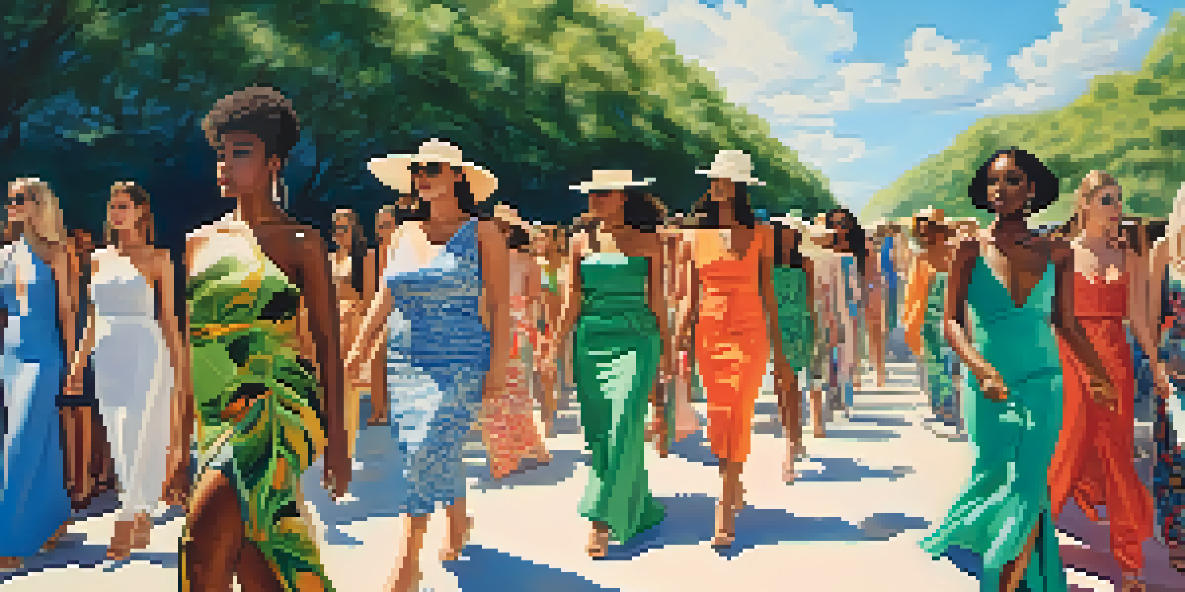 A lively outdoor fashion show with diverse models walking on a runway surrounded by greenery, showcasing colorful outfits.