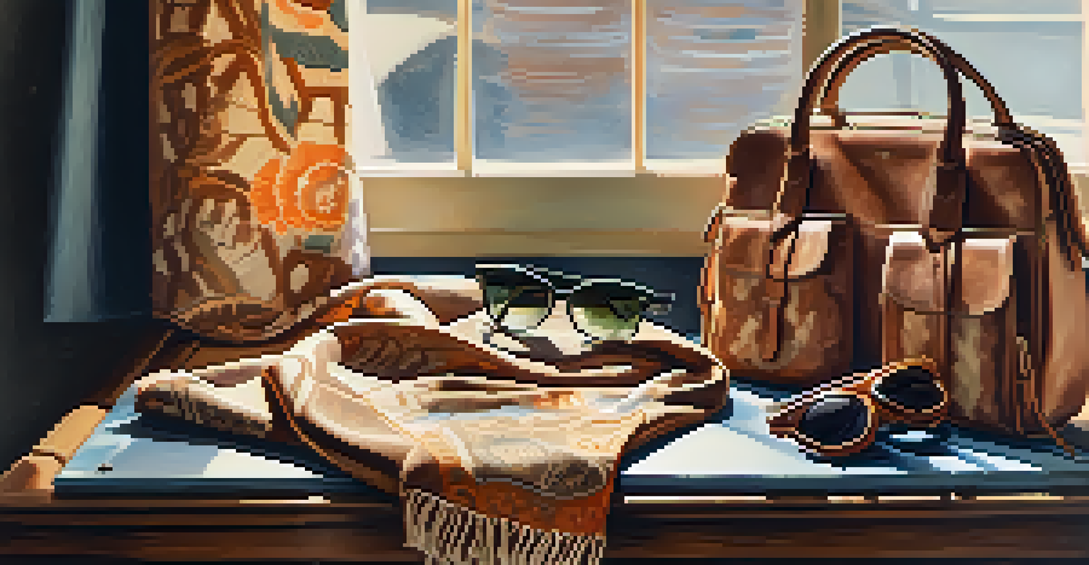 A flat lay of vintage fashion items including a scarf, sunglasses, and a leather handbag on a wooden table with natural light.