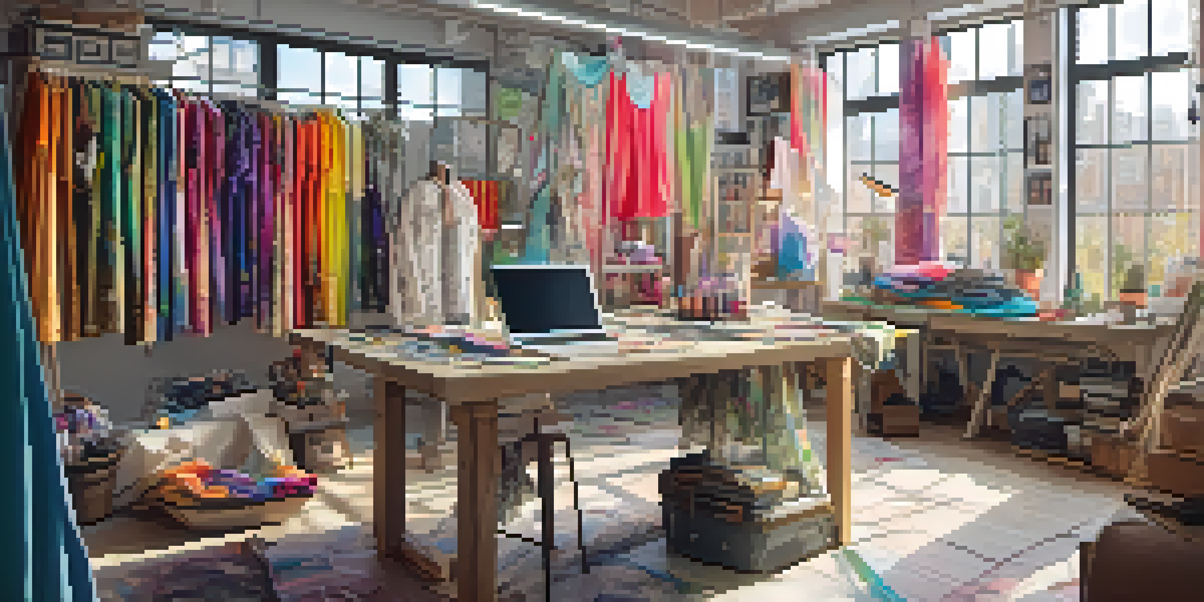 A bright fashion studio with colorful fabrics, design sketches on the walls, and a cluttered table of sewing tools and a laptop.