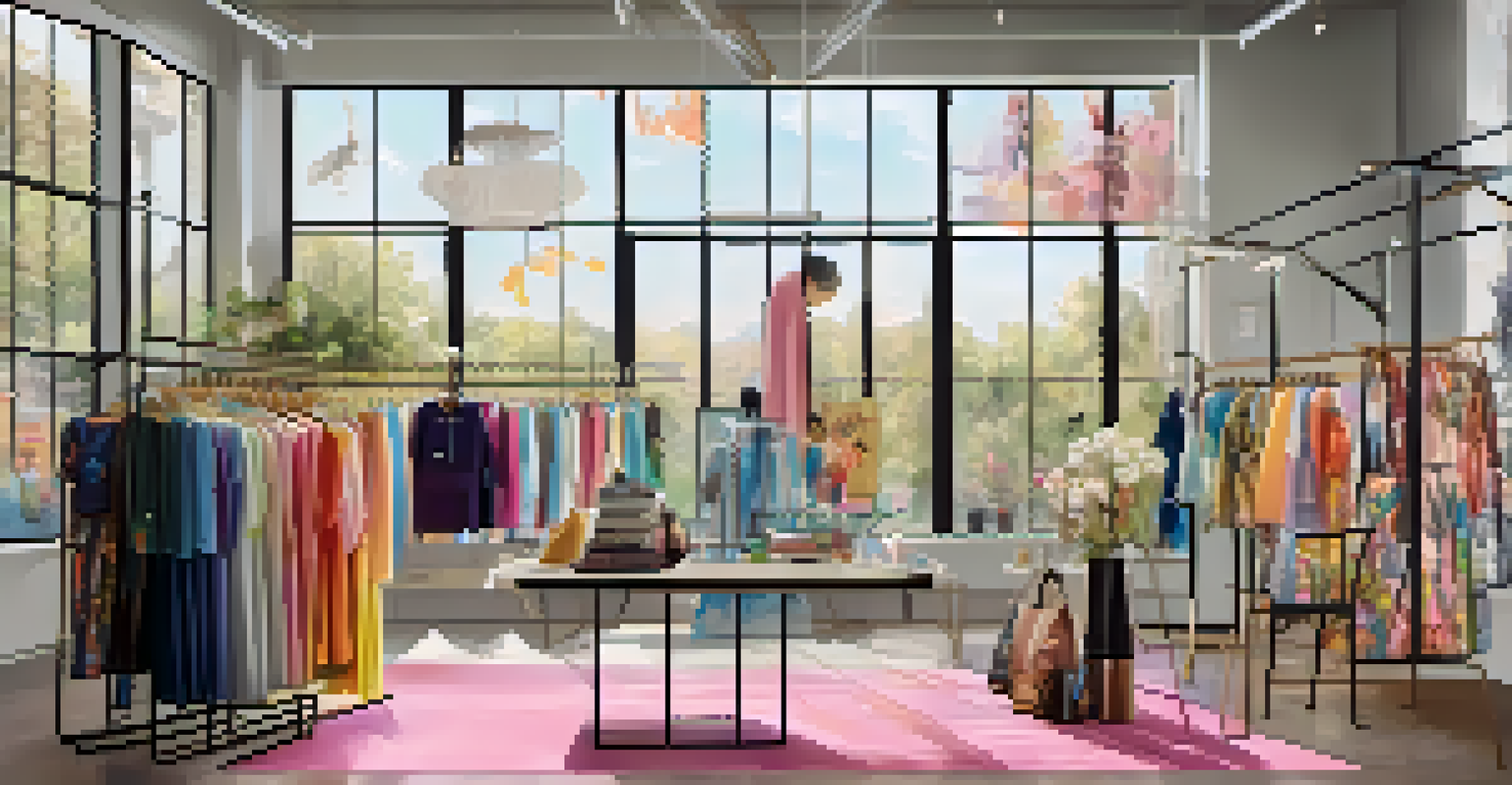 A clothing rack displaying limited-edition fashion pieces adorned with unique artwork, set in a bright and airy studio with artists at work.