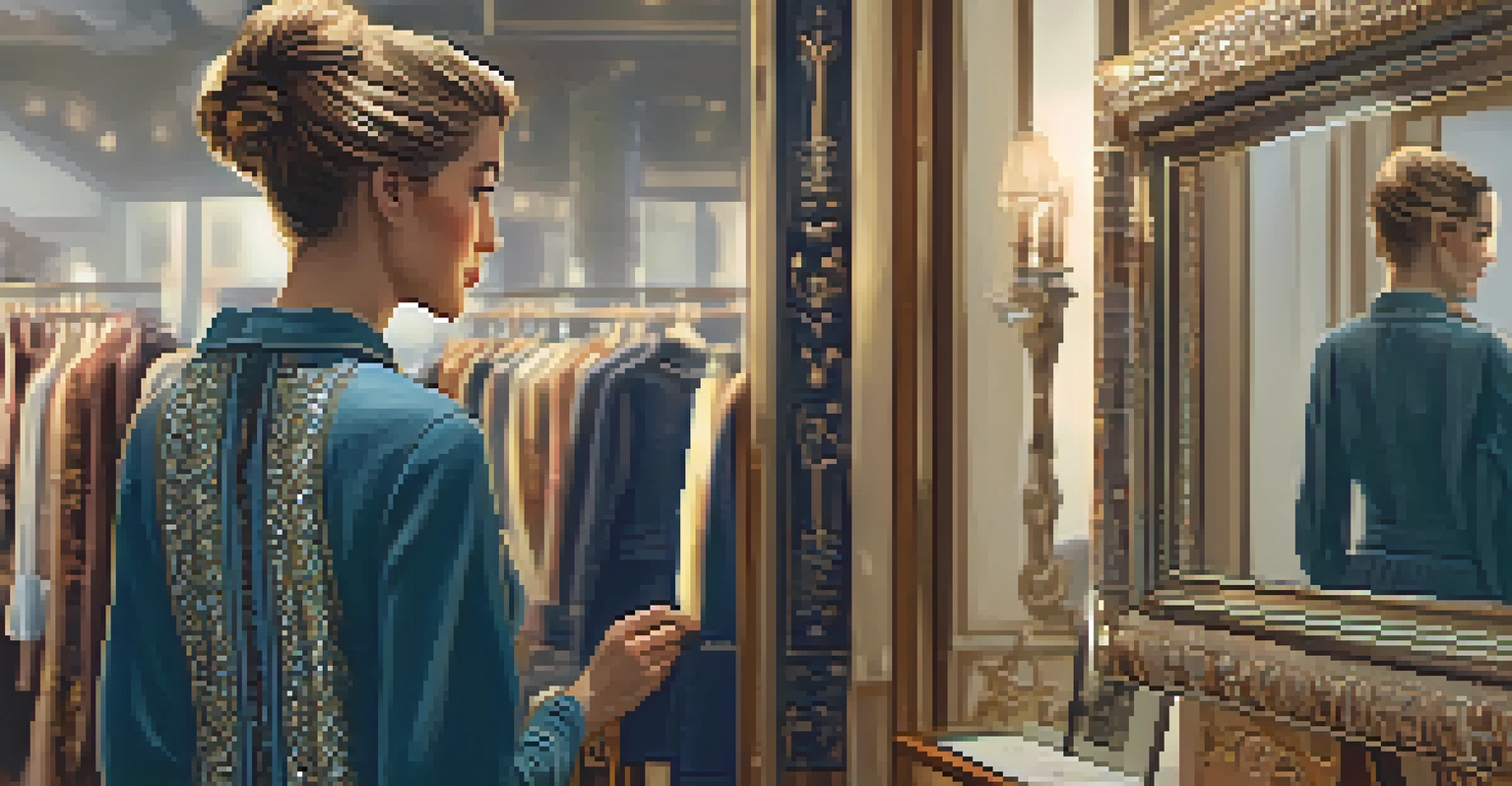 A person trying on a stylish outfit in a boutique, with a focus on the fabric details and warm lighting.