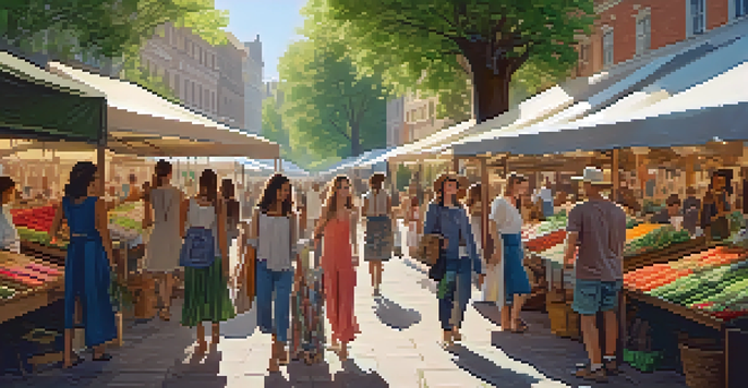 A lively outdoor market with people shopping for sustainable fashion, surrounded by greenery and colorful clothing displays.