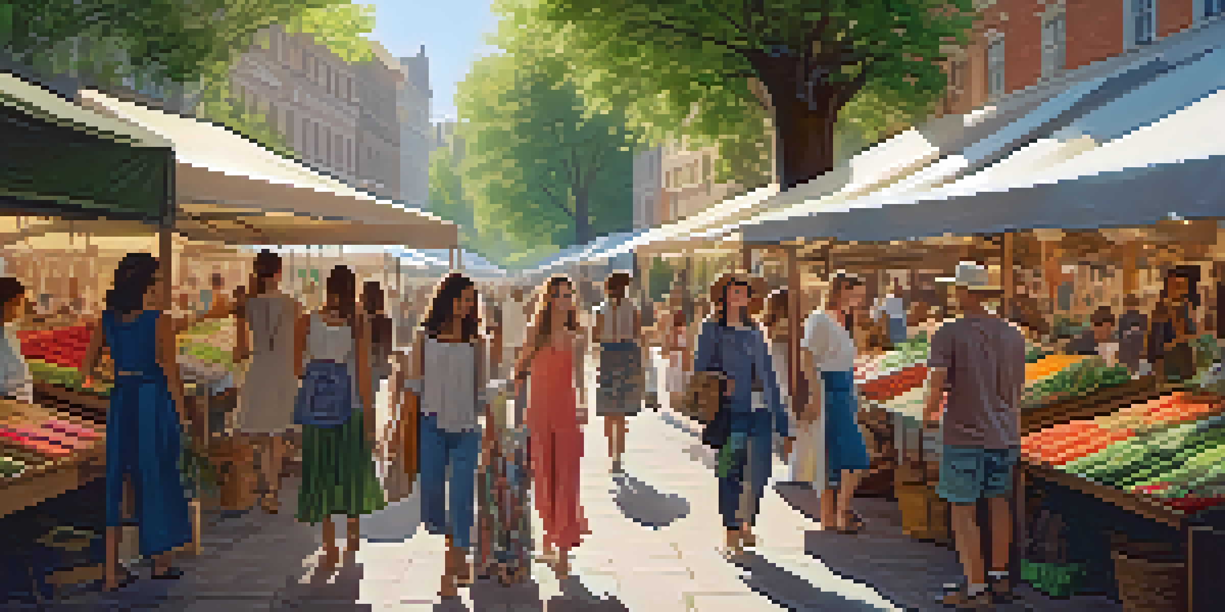 A lively outdoor market with people shopping for sustainable fashion, surrounded by greenery and colorful clothing displays.