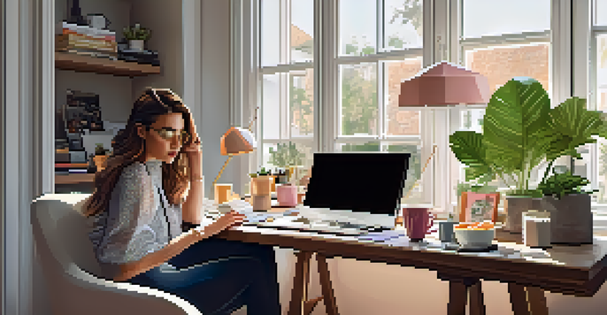 A fashionable blogger working in a cozy home office with natural light, plants, and stylish decor.