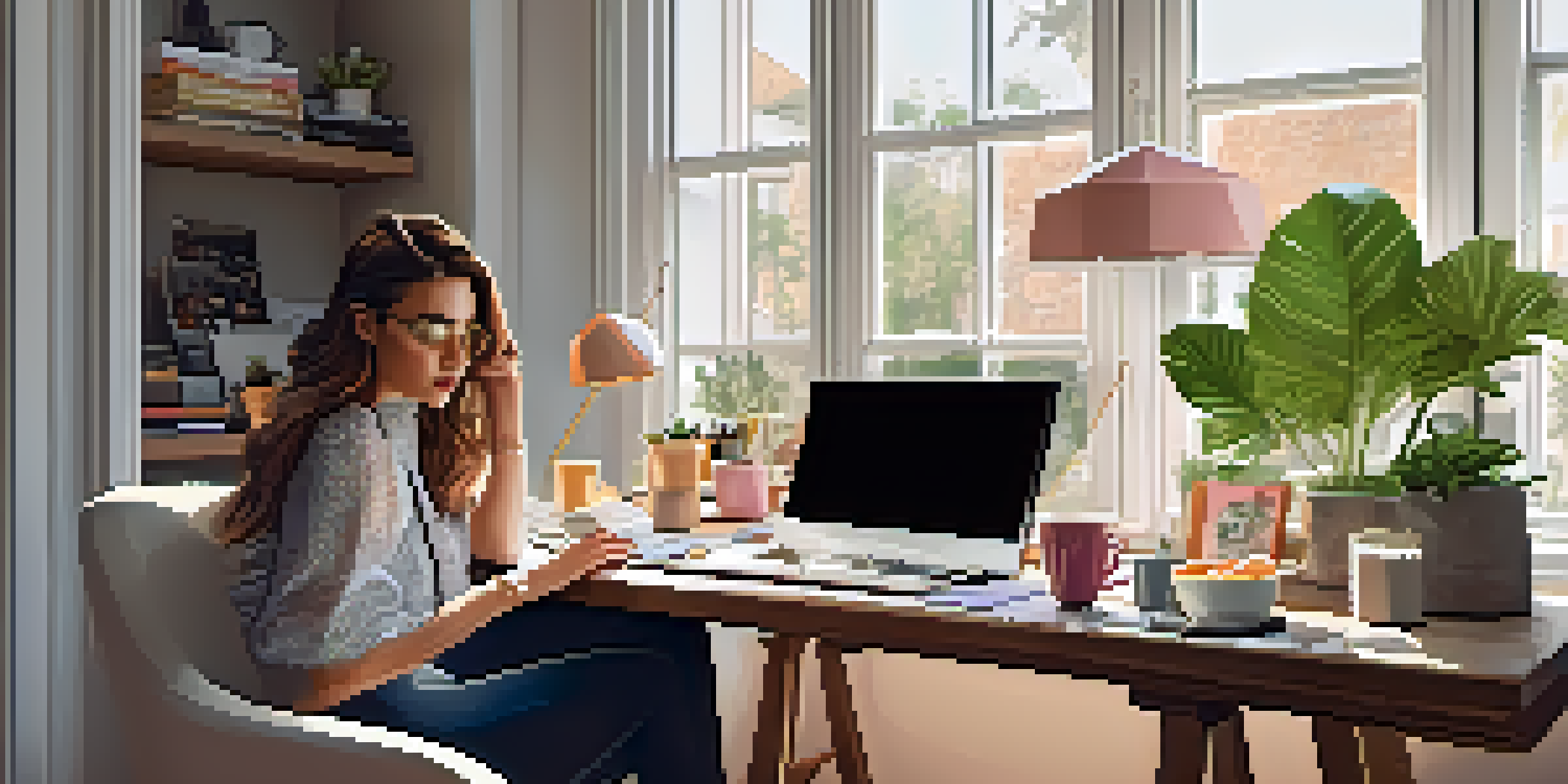 A fashionable blogger working in a cozy home office with natural light, plants, and stylish decor.