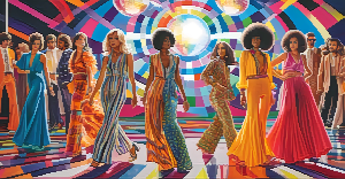 A lively group of people in 1970s fashion, wearing colorful outfits with flared pants and platform shoes, set against a disco ball reflecting lights.