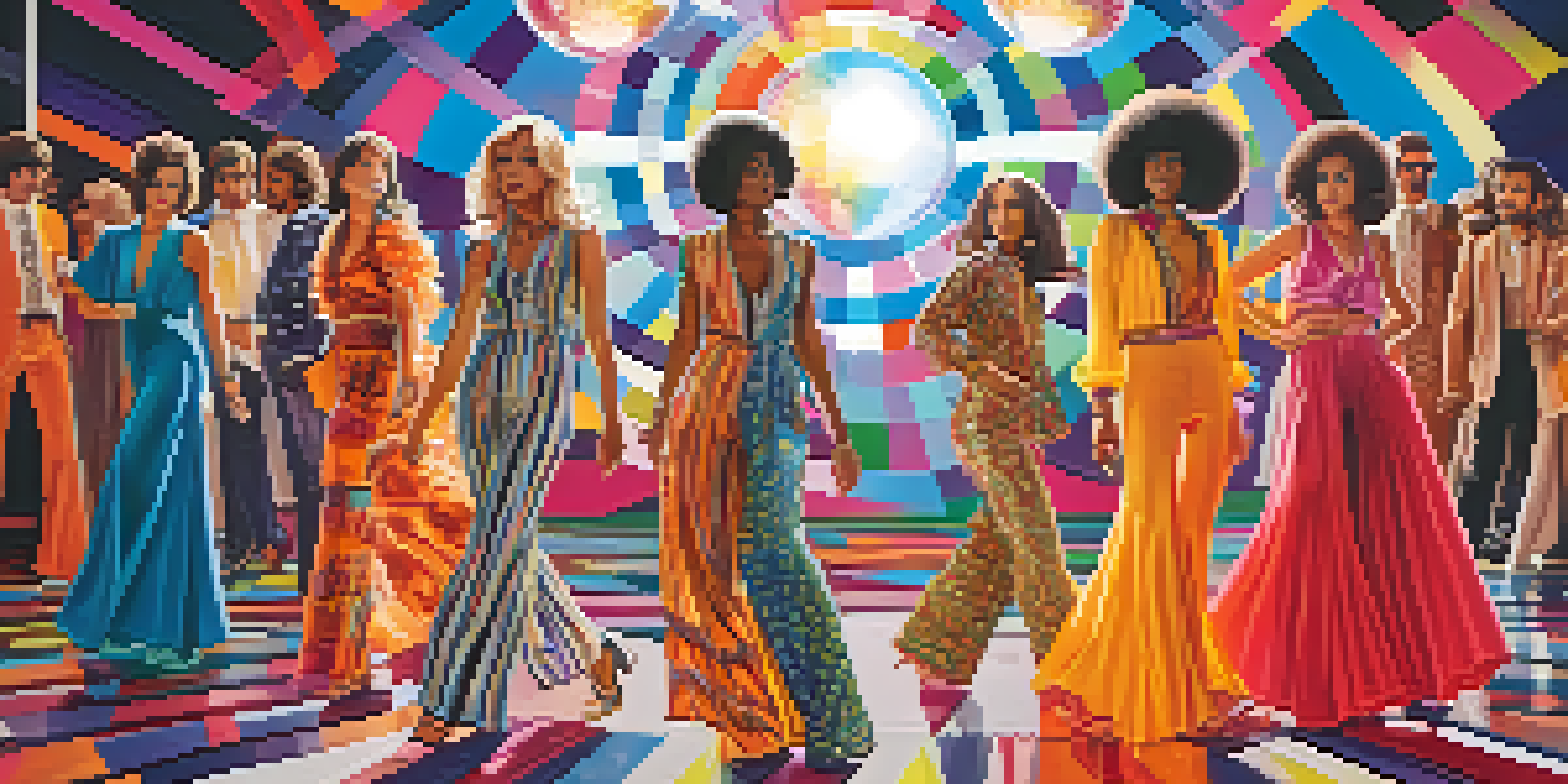 A lively group of people in 1970s fashion, wearing colorful outfits with flared pants and platform shoes, set against a disco ball reflecting lights.