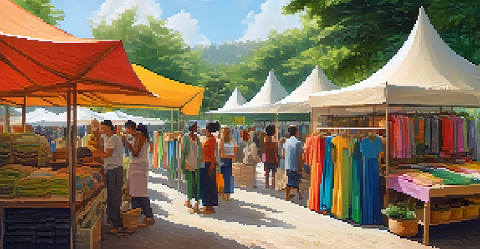 An outdoor sustainable fashion market with colorful eco-friendly clothing stalls, surrounded by greenery and sunlight, featuring happy shoppers and artisans.