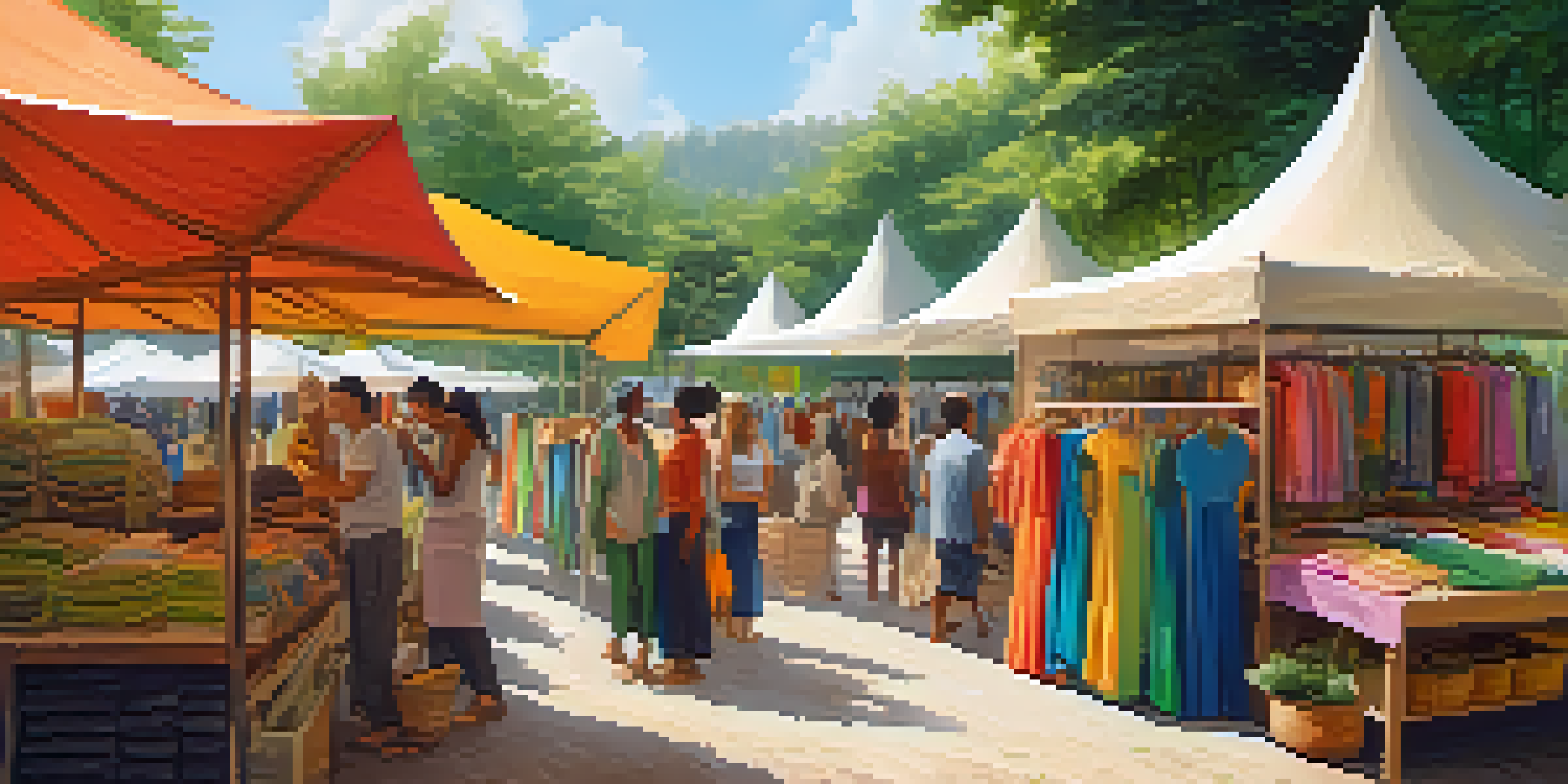 An outdoor sustainable fashion market with colorful eco-friendly clothing stalls, surrounded by greenery and sunlight, featuring happy shoppers and artisans.