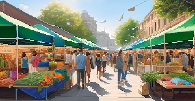 A lively outdoor market where people are shopping for sustainable fashion items made from organic and recycled materials, surrounded by green plants and warm sunlight.