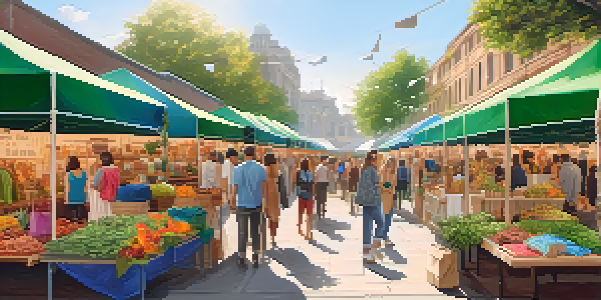 A lively outdoor market where people are shopping for sustainable fashion items made from organic and recycled materials, surrounded by green plants and warm sunlight.