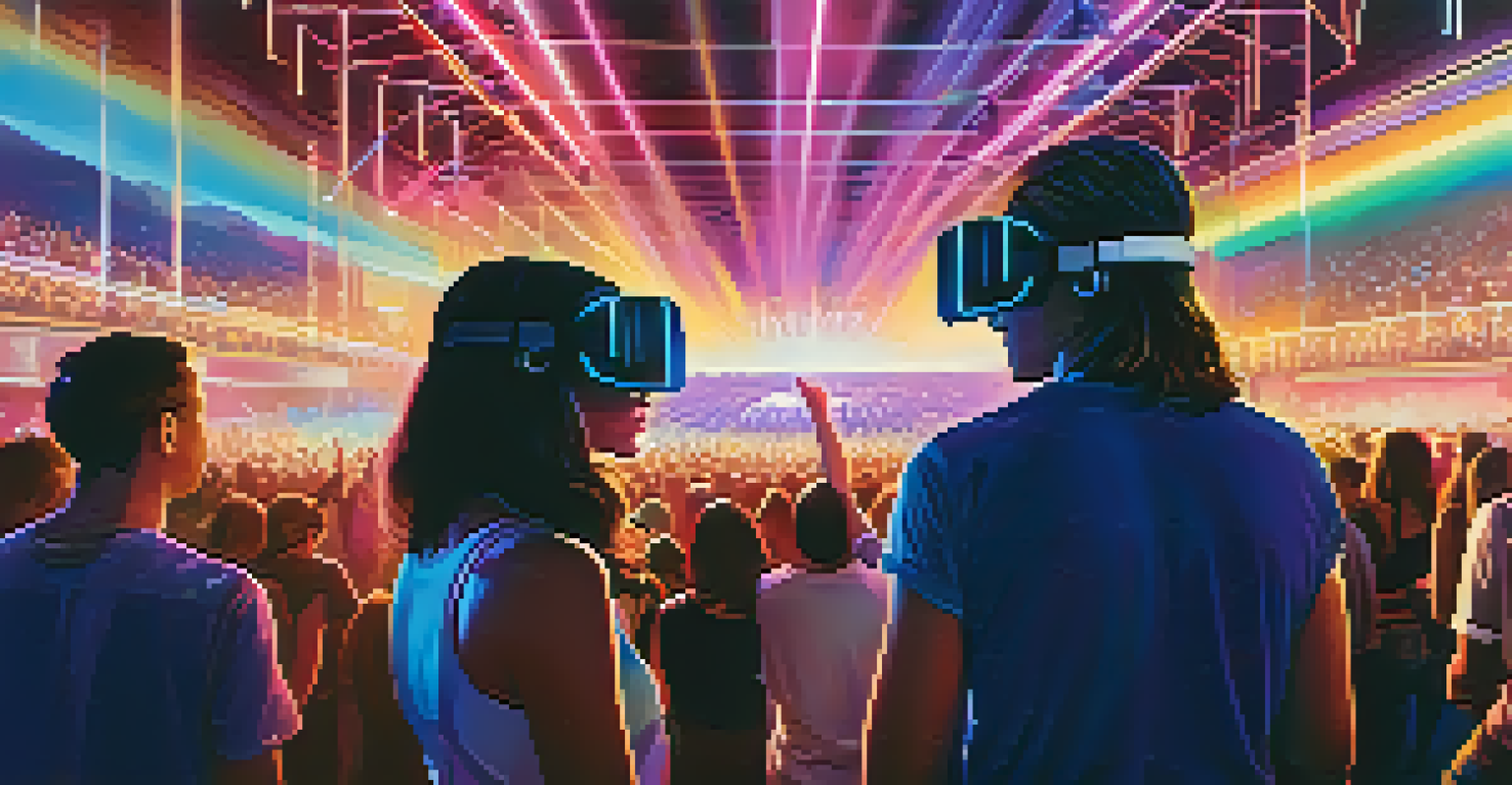 A concert scene featuring audience members in digital fashion and augmented reality glasses, showcasing an innovative blend of music and style.