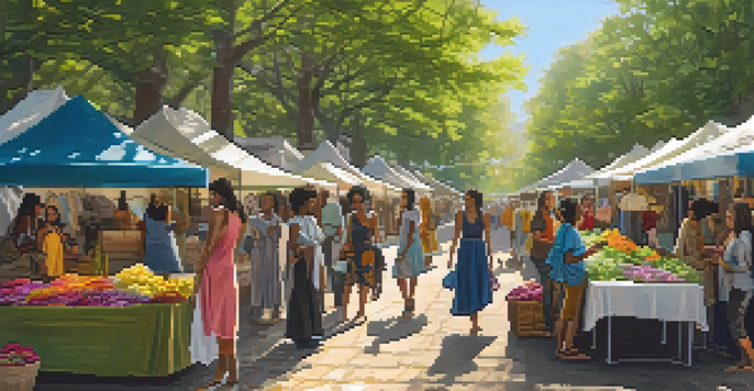 An outdoor marketplace filled with women selling eco-friendly clothing, surrounded by colorful banners promoting sustainability, with sunlight filtering through trees.