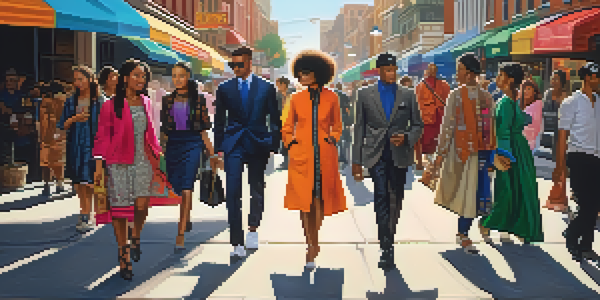 A lively urban street scene featuring diverse individuals wearing a mix of traditional and modern fashion styles, with colorful storefronts and street art in the background.