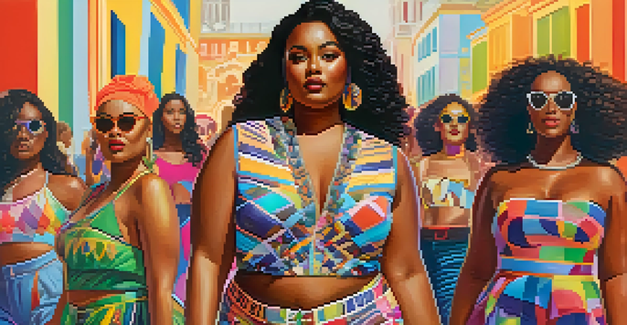 A diverse group of models celebrating body positivity on a runway, showcasing various styles and vibrant colors.