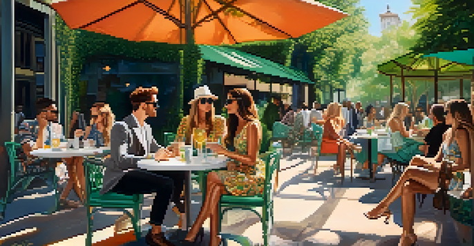 A group of fashionable influencers at an outdoor cafe, wearing trendy outfits and enjoying their time together amidst greenery.