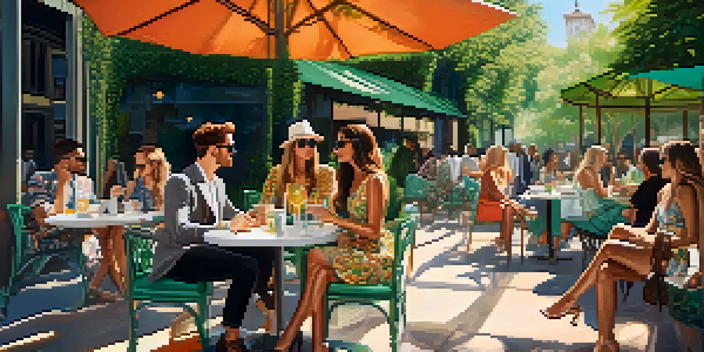 A group of fashionable influencers at an outdoor cafe, wearing trendy outfits and enjoying their time together amidst greenery.