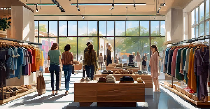 A diverse group of shoppers in a clothing store filled with sustainable fashion options and natural light.