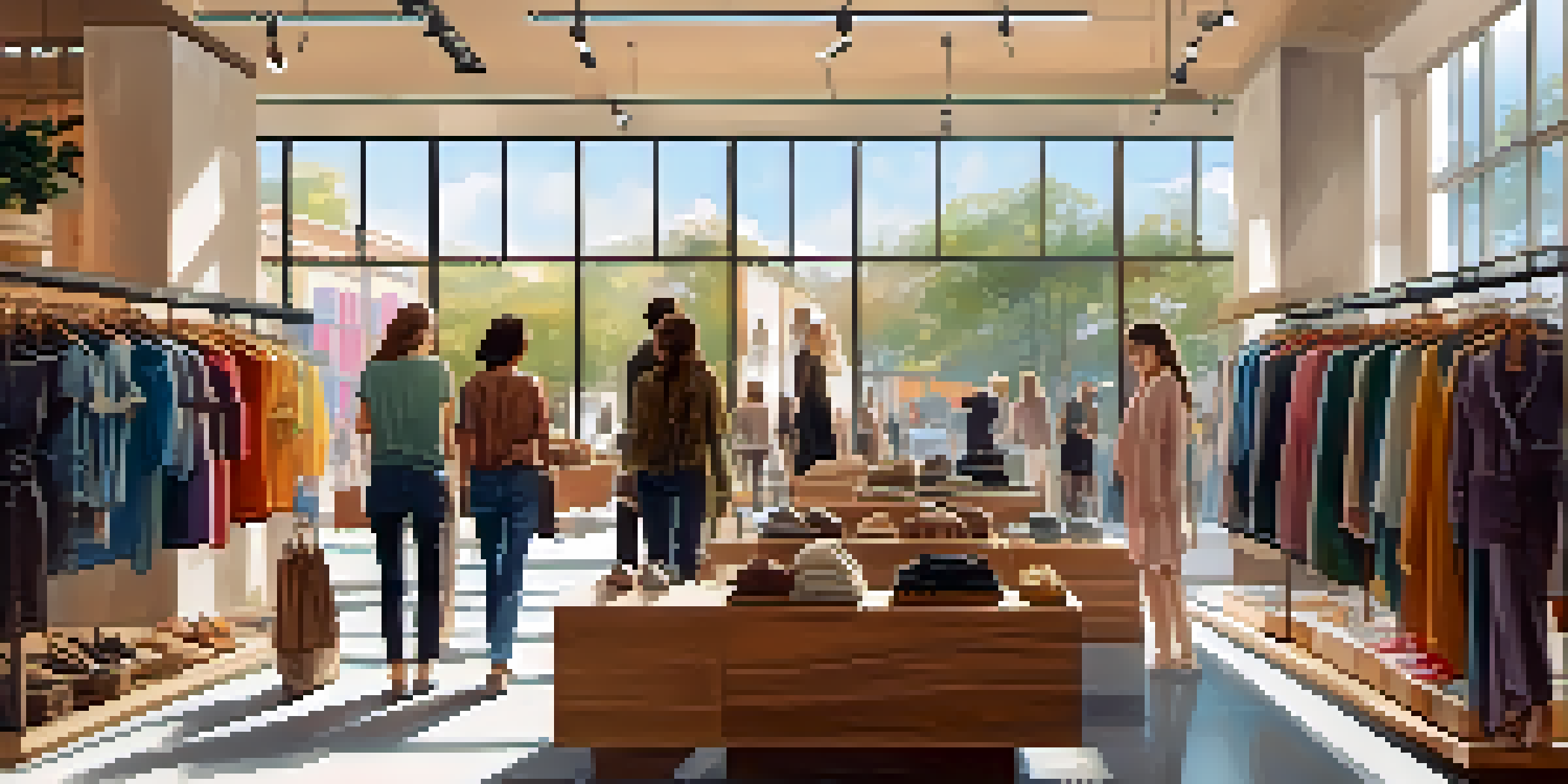 A diverse group of shoppers in a clothing store filled with sustainable fashion options and natural light.