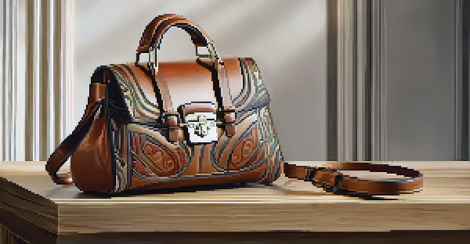 A close-up of a stylish leather handbag on a wooden surface, emphasizing its texture and stitching under soft natural light.