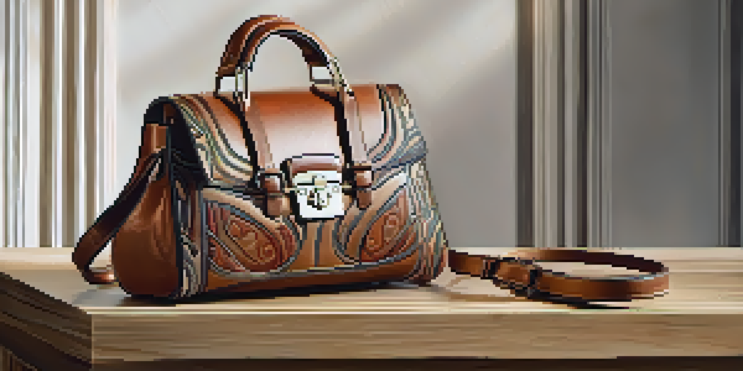 A close-up of a stylish leather handbag on a wooden surface, emphasizing its texture and stitching under soft natural light.
