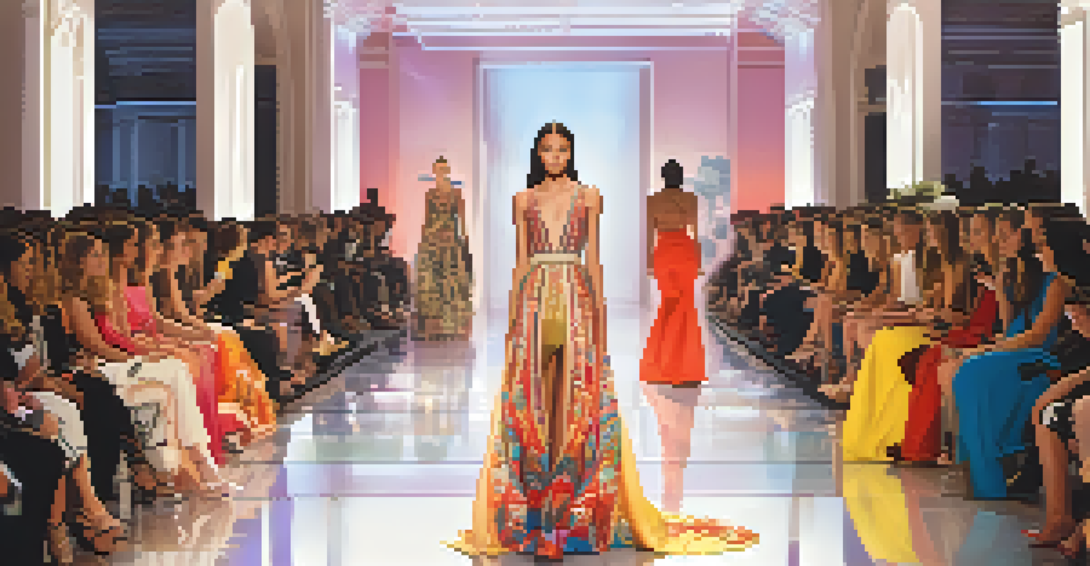 Models walk down a fashion runway wearing culturally inspired clothing, with soft lighting illuminating the vibrant designs.