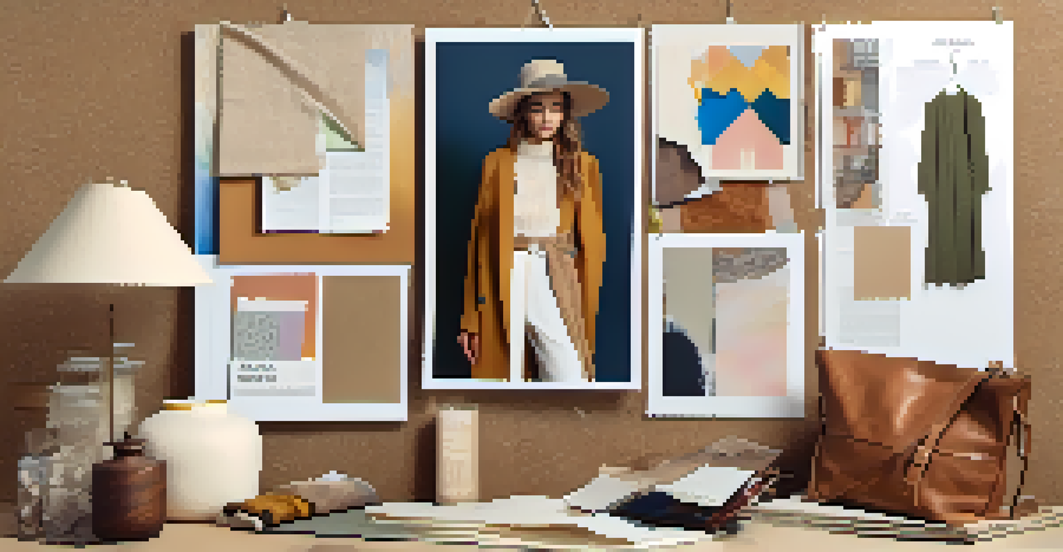 A mood board featuring fabric swatches, magazine clippings, and color palettes representing different fashion styles, set against a textured cork background.