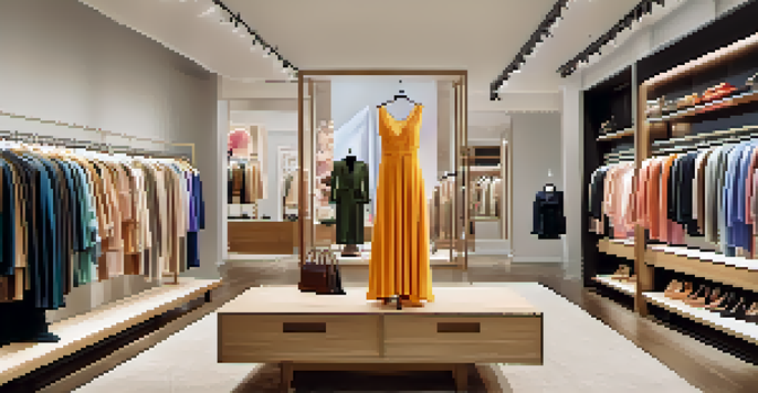 A stylish clothing rental boutique with colorful dresses and accessories, warm lighting, and customers browsing the collection.