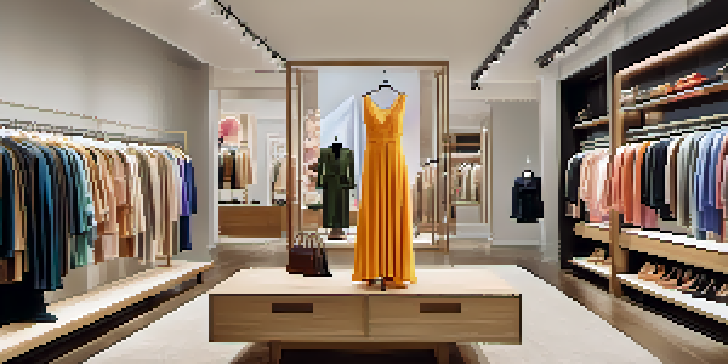A stylish clothing rental boutique with colorful dresses and accessories, warm lighting, and customers browsing the collection.