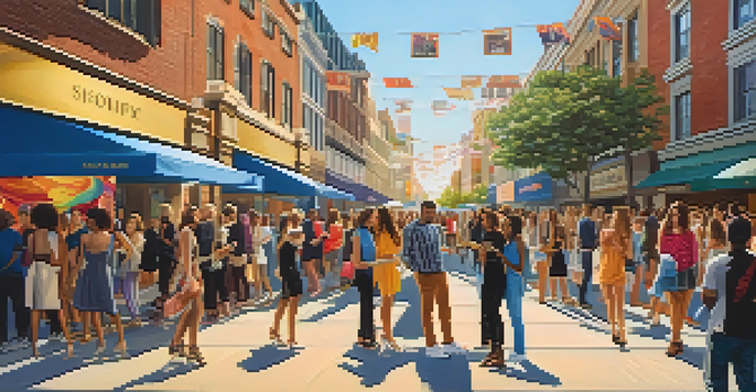 A lively street scene with a pop-up shop showcasing celebrity fashion collaborations, featuring excited fans and colorful banners.