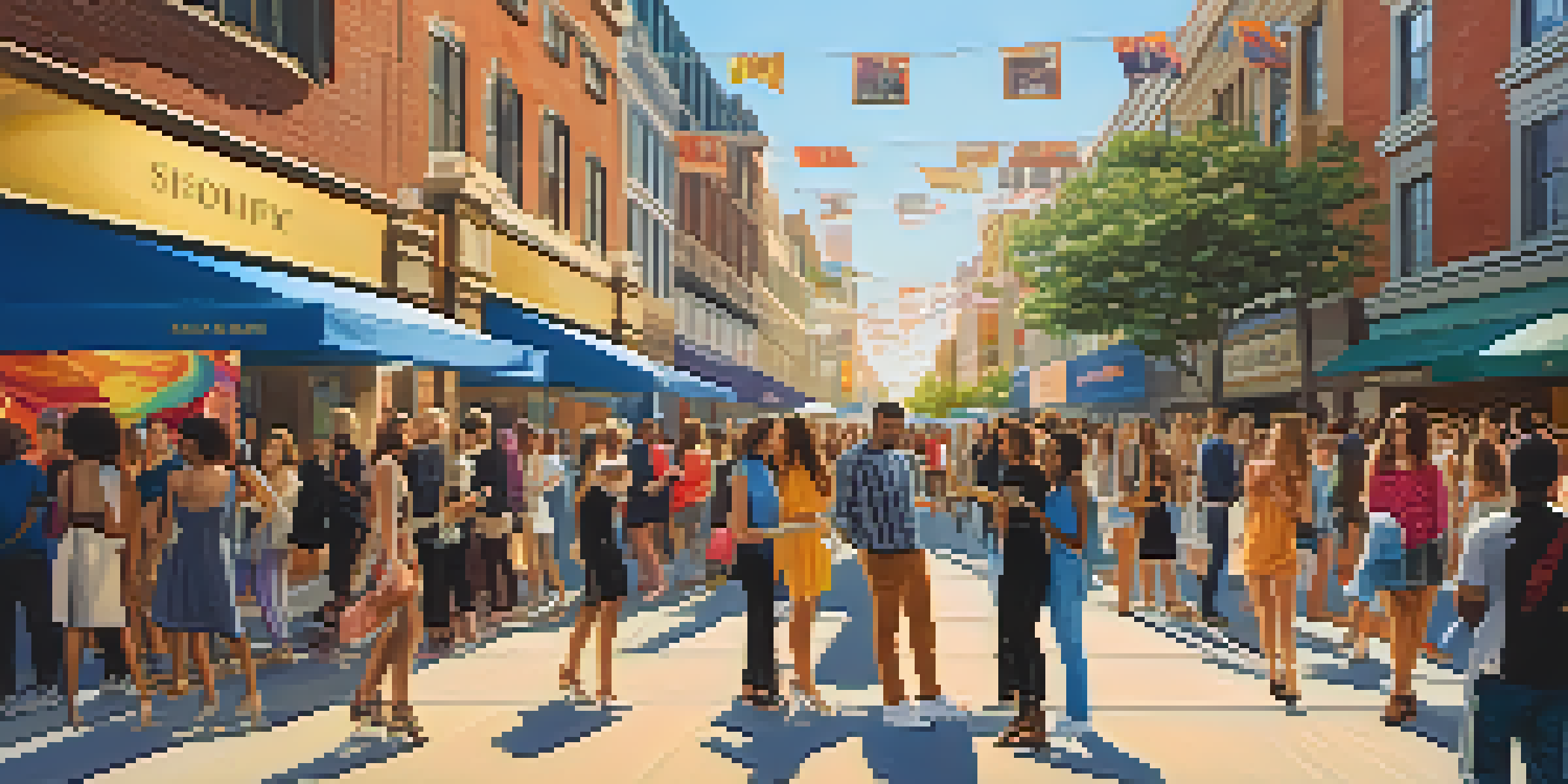 A lively street scene with a pop-up shop showcasing celebrity fashion collaborations, featuring excited fans and colorful banners.