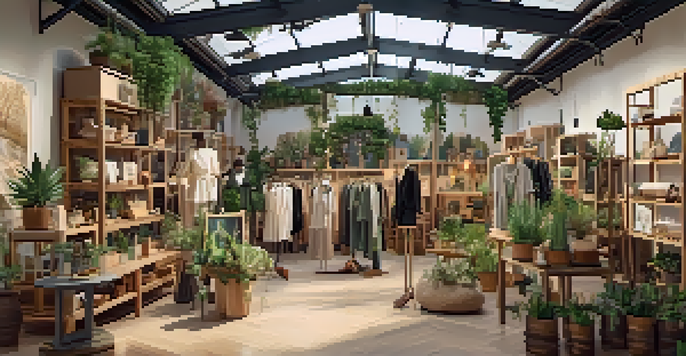 An eco-friendly pop-up shop with sustainable fashion on display, creating a cozy and inviting atmosphere.
