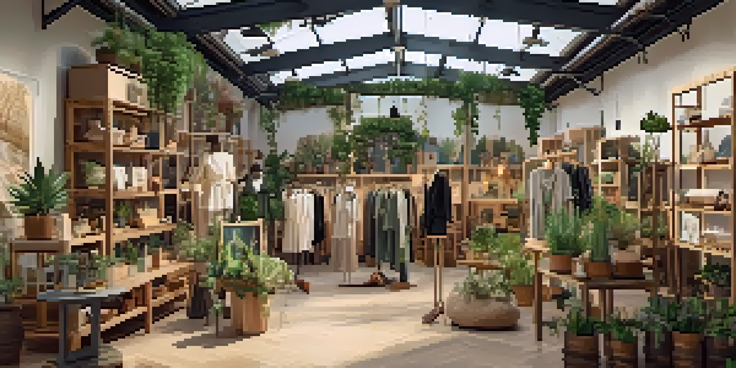 An eco-friendly pop-up shop with sustainable fashion on display, creating a cozy and inviting atmosphere.