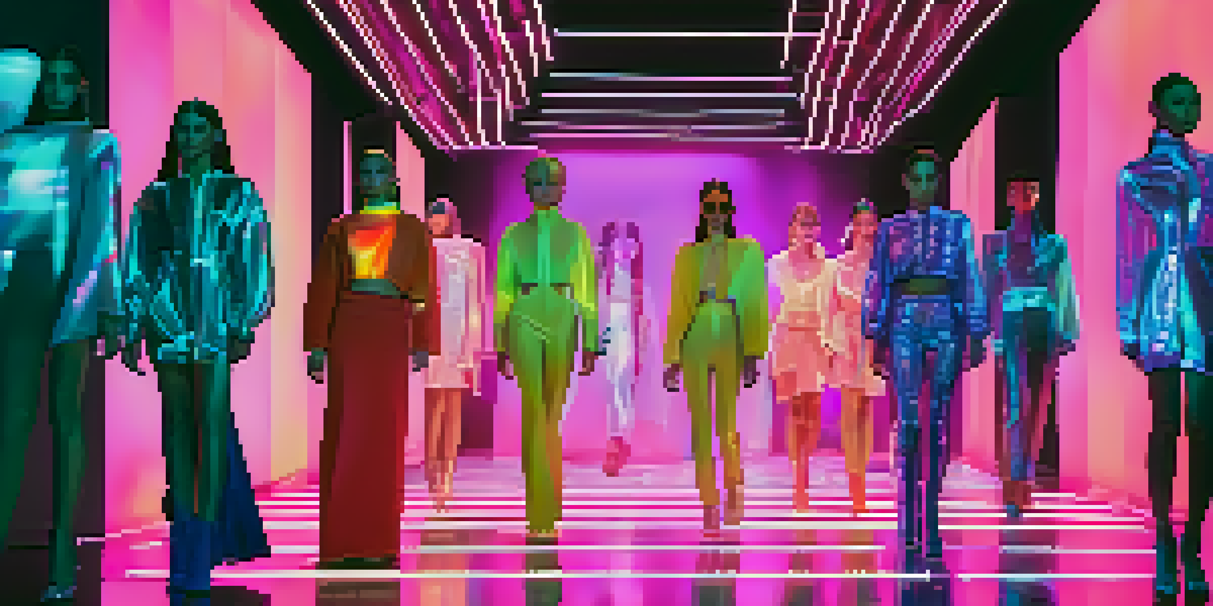 A digital fashion show featuring models in colorful virtual clothing, with a diverse audience of avatars and a holographic runway.