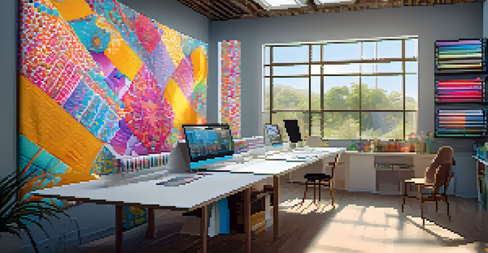 A designer in a colorful fabric printing studio, working on a computer with bright patterns and surrounded by rolls of fabric.