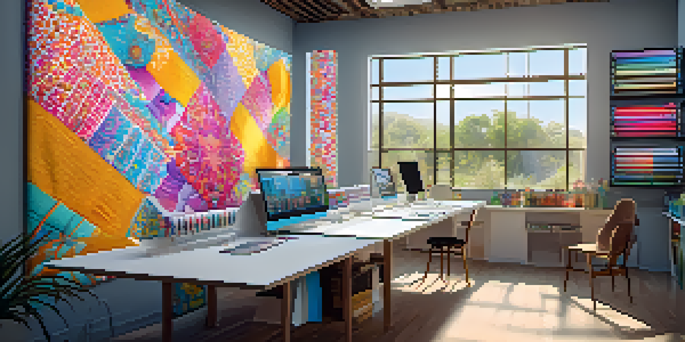 A designer in a colorful fabric printing studio, working on a computer with bright patterns and surrounded by rolls of fabric.