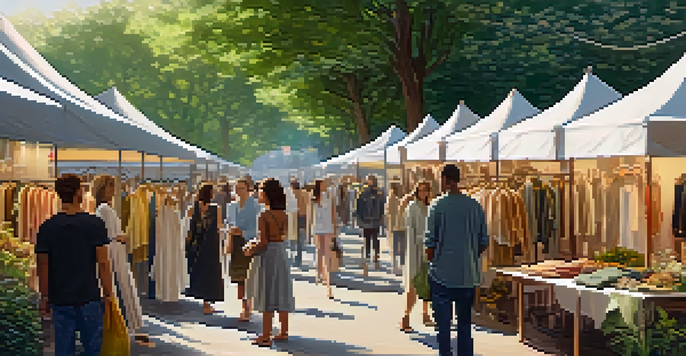 An outdoor market showcasing sustainable fashion with eco-friendly garments and diverse shoppers among greenery.