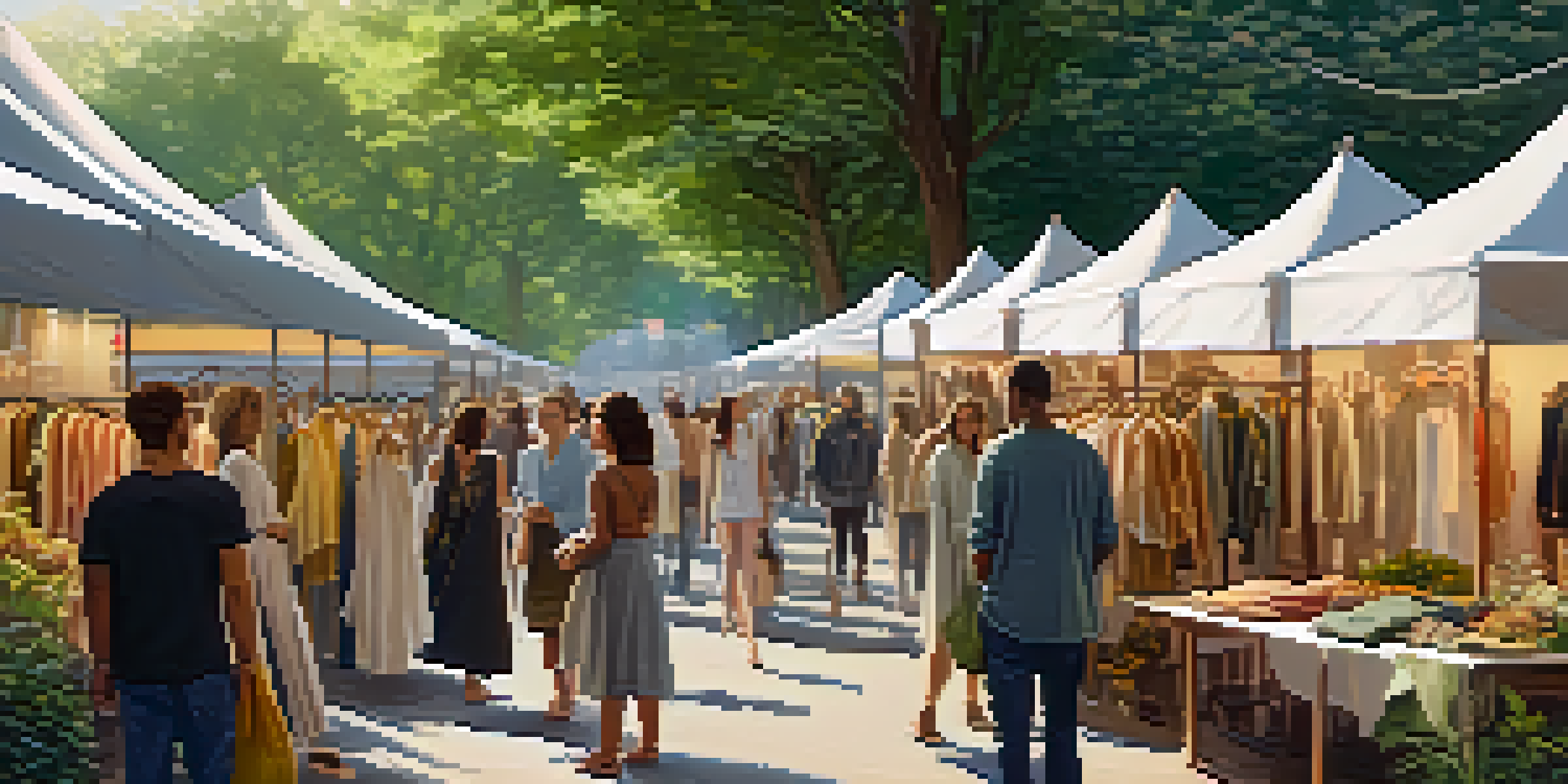An outdoor market showcasing sustainable fashion with eco-friendly garments and diverse shoppers among greenery.