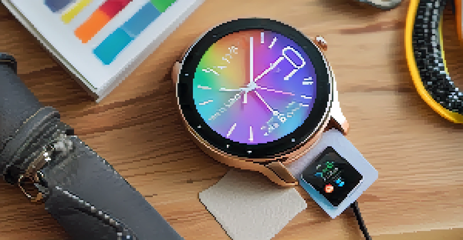 A close-up of a smartwatch on a tabletop with accessories, showing health metrics on the display.