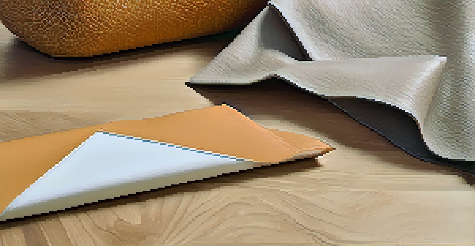 A close-up of innovative sustainable fabrics like Piñatex and mushroom leather, showcasing their textures on a wooden table with plants in the background.