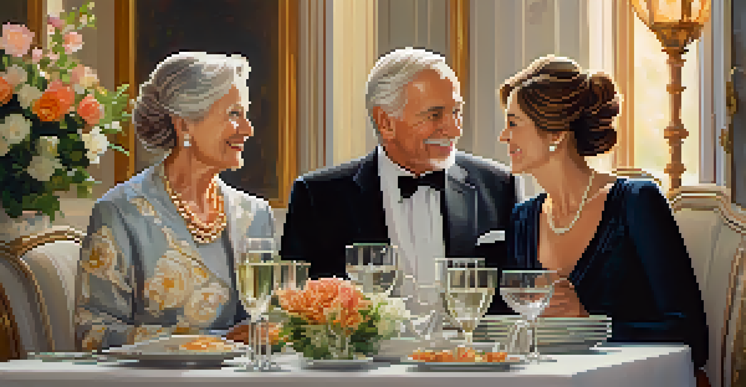 An older couple enjoying a meal together in an elegantly set dining area, dressed in stylish layered outfits.