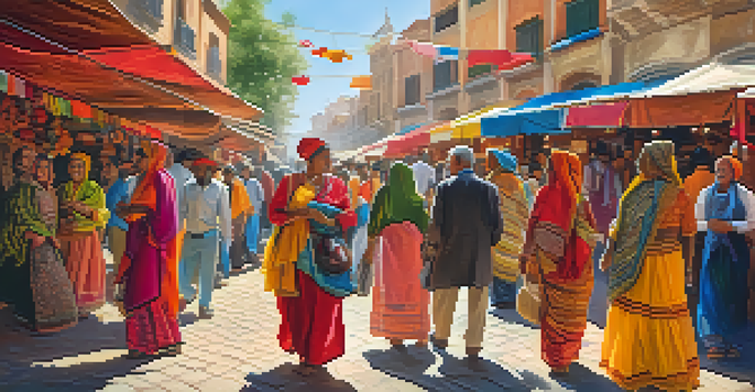 A colorful street scene with diverse individuals in traditional clothing, surrounded by a lively marketplace filled with textiles.