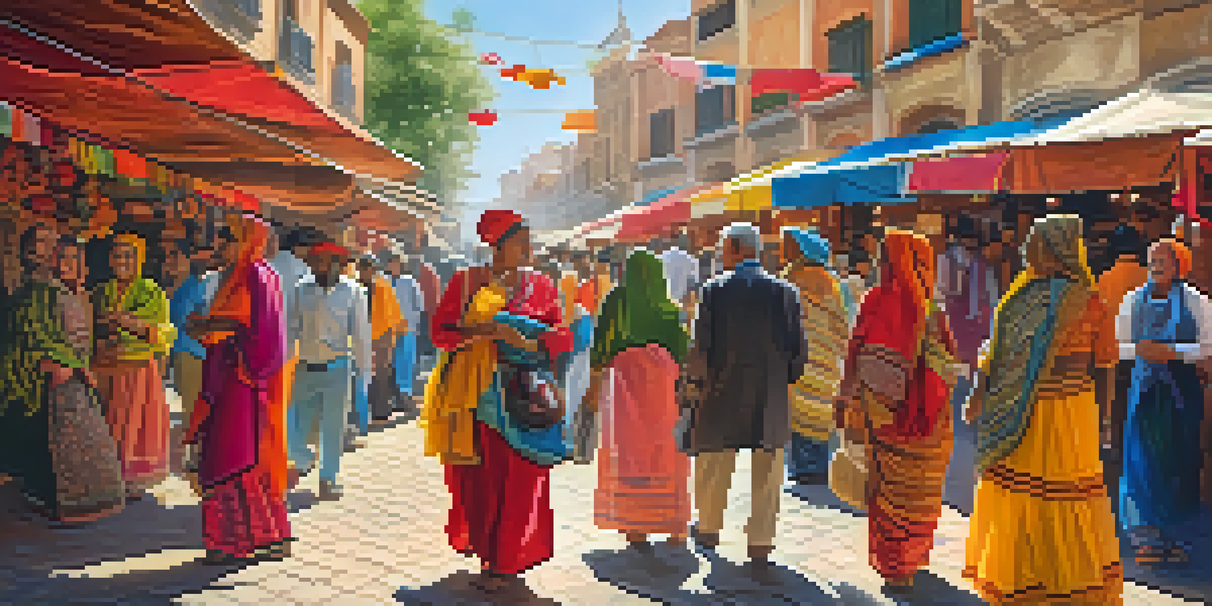 A colorful street scene with diverse individuals in traditional clothing, surrounded by a lively marketplace filled with textiles.