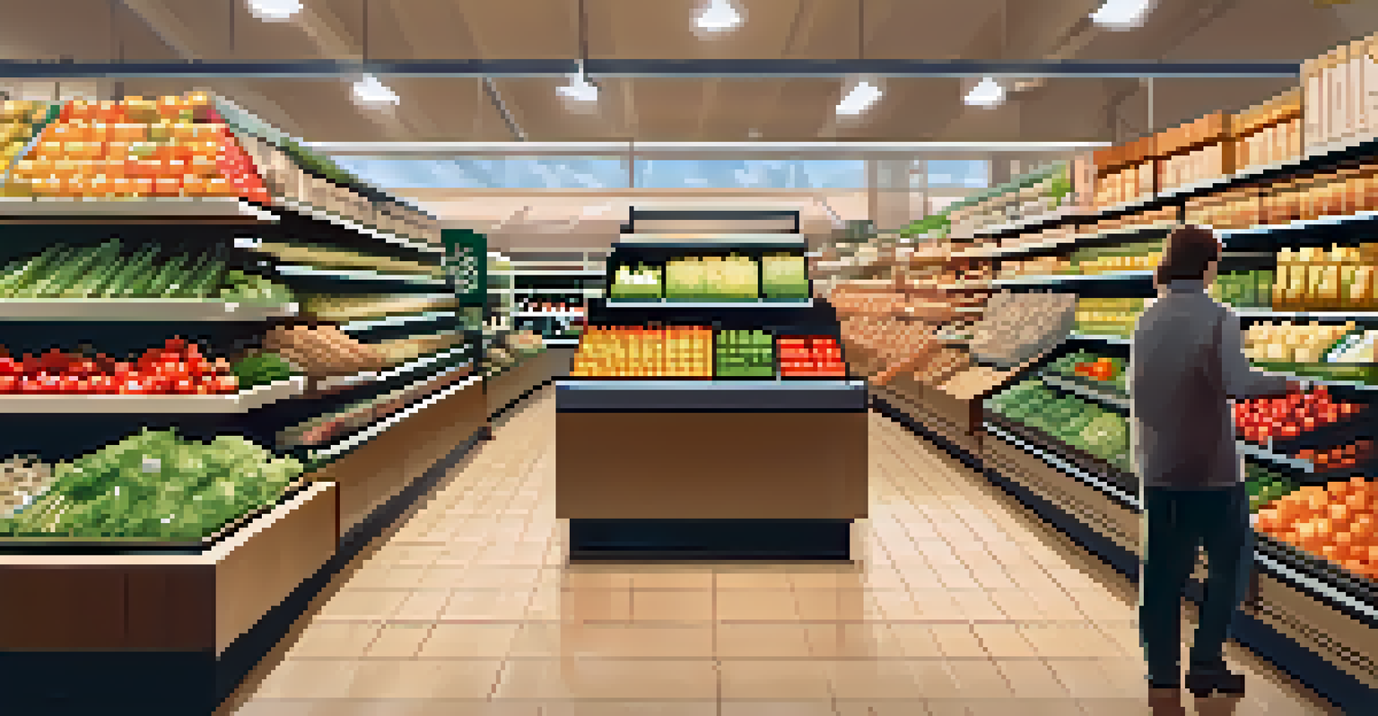 A grocery store with a grid layout, featuring organized shelves of fresh produce and warm lighting, with a family shopping.